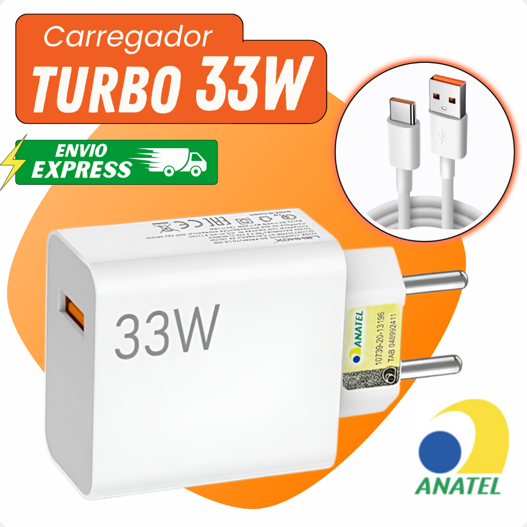 Carregador 33w Compatível Xiaomi Turbo Power Original Mi8 Mi9 Redmi Tipo-C 13C,