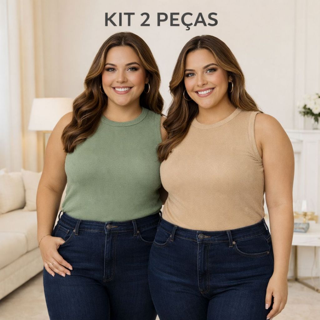 Kit 2 Regatas Feminina Plus Size Canelada Básica Premium Confortável Gola Redonda Algodão Elastano