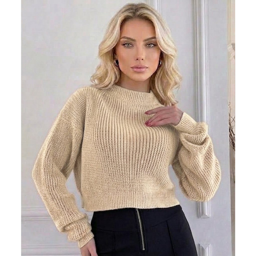 Blusa Cropped Tricô Fang Manga Longa Estilosa Inverno/ Caimento Comfort Perfeito
