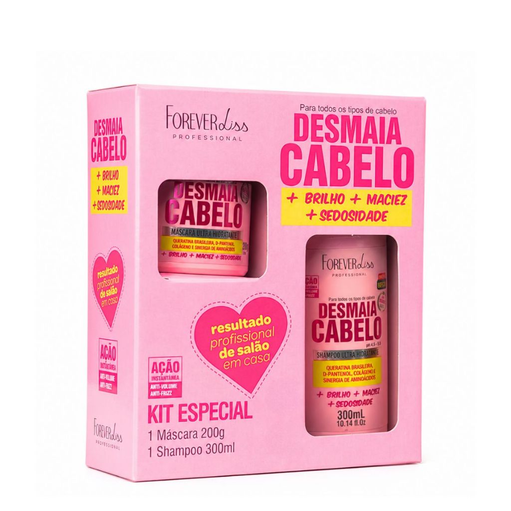 Kit Especial Desmaia Cabelo Shampoo 300ml e Máscara 200g Forever Liss Hidratação e Brilho Intenso