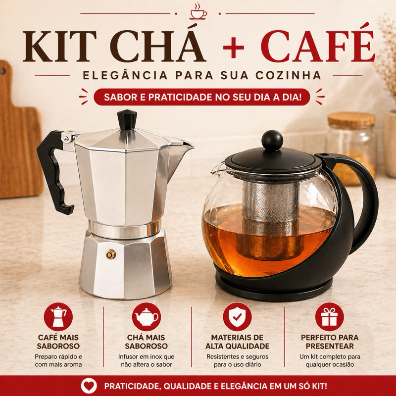 Kit Chaleira + Cafeteira Italiana | kit Chá e Café Completo ☕🍵 Presente Cozinha Gourmet