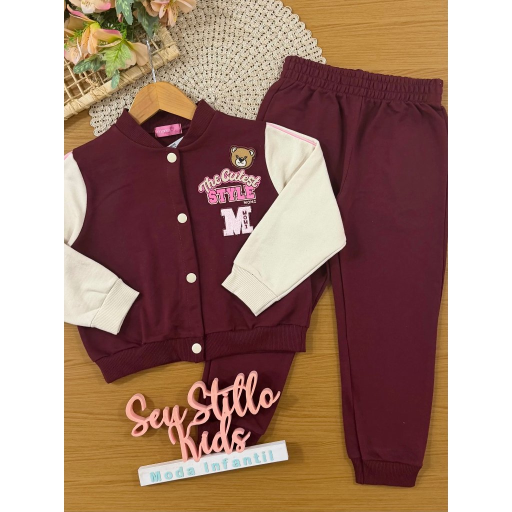 Conjunto Infantil Momi Inverno com Calça e Jaqueta sem Flanela Vinho The Cutest Style