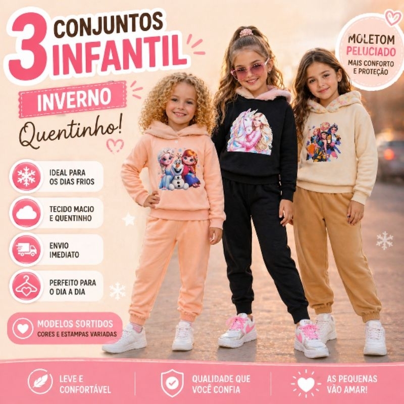 Conjunto Infantil Inverno Menina Kit 3 Peças Moletom Peluciado Quentinho Tamanho 2 ao 8 Envio Imediato