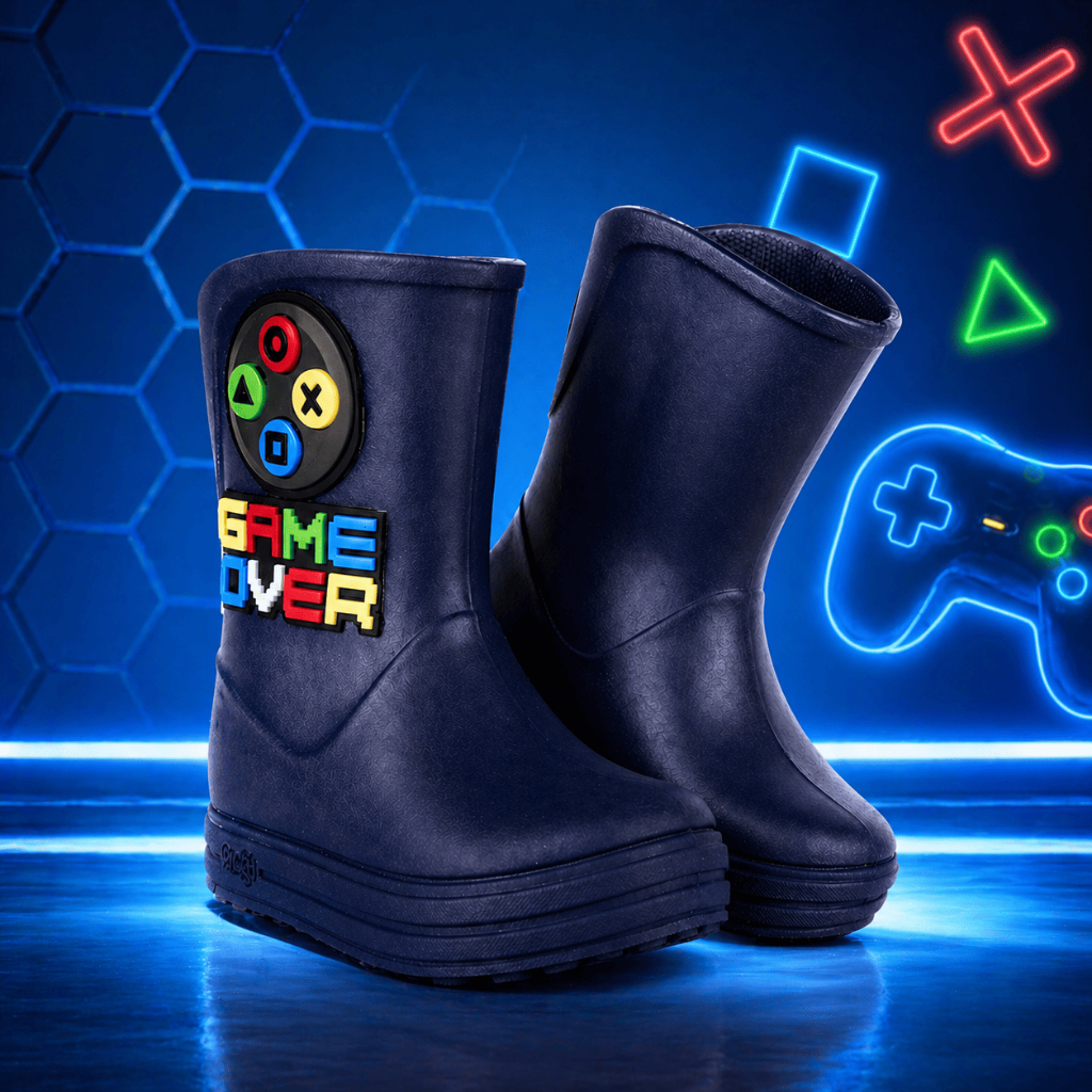 Imagem Galocha Infantil Acqua Plugt Menino Jogo Game Over Controle Preto Marinho Impermeável Confortável