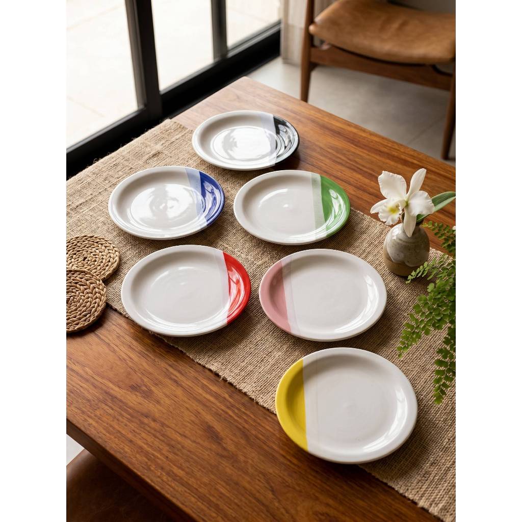 Jogo 6 Pratos Sobremesa Cerâmica Bicolor 19cm Lanche Mesa Posta Café da Manhã Conjunto Louça Moderno