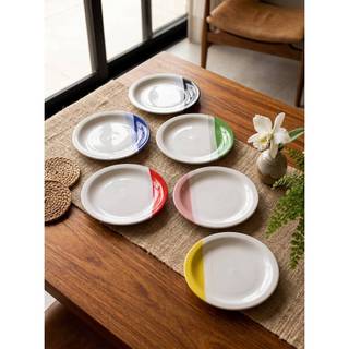 Jogo 6 Pratos Sobremesa Cerâmica Bicolor 19cm Lanche Mesa Posta Café da Manhã Conjunto Louça Moderno