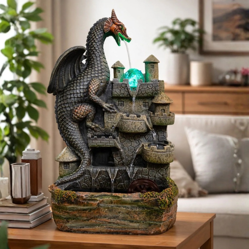 Fonte De Água Dragão Led Cascata Decorativa Grande 54cm Resina Castelo Zen Relaxante