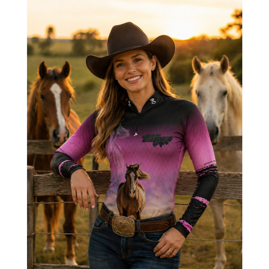 Camiseta Camiseta Super King Agro Feminina Cavalos Rosa Proteção Solar Uv50+ Secagem Rapida Dry Fit Gll-184