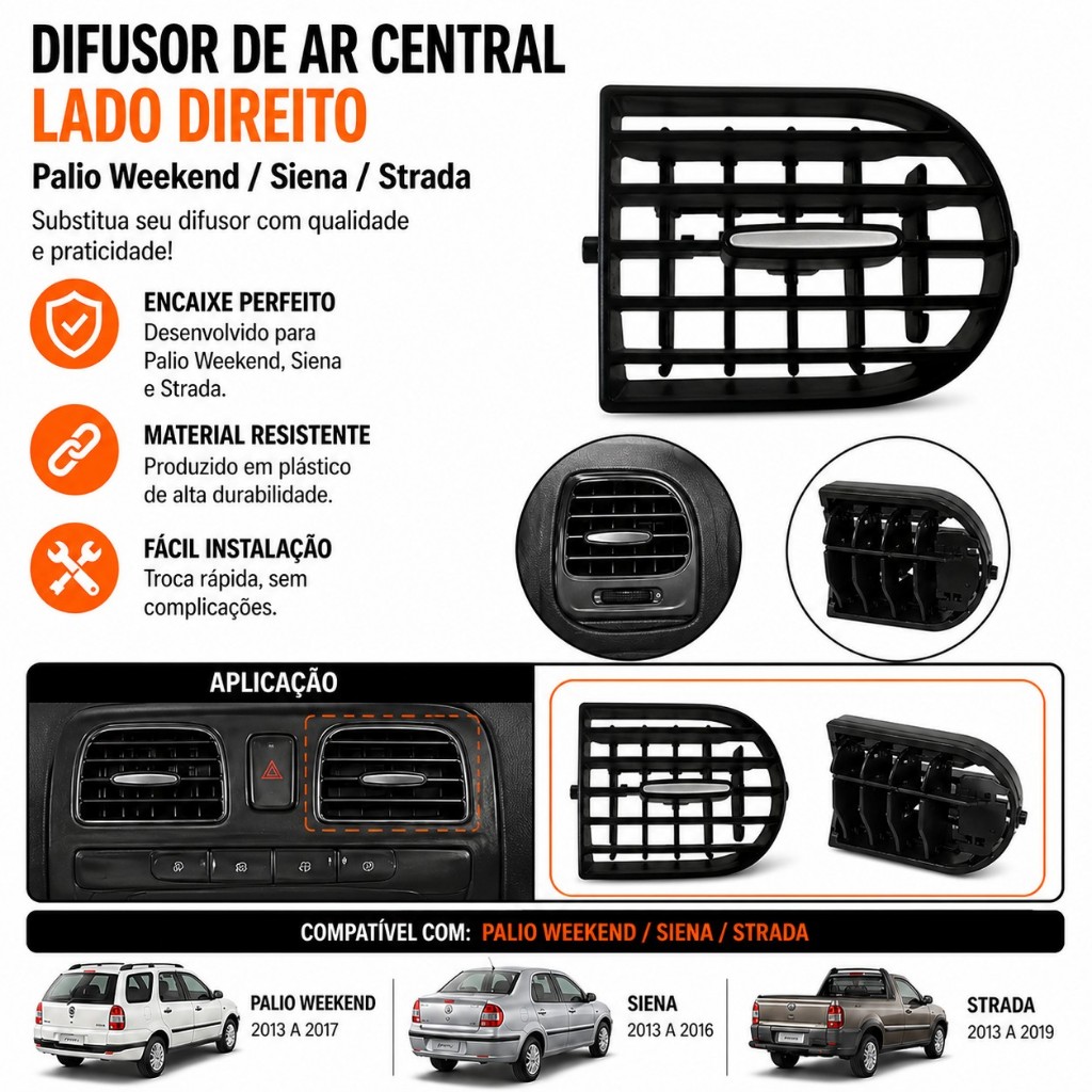 Difusor Ar Central Lado Direito Palio 2013 -2017 Siena 2013- 2016 Strada 2013- 2019 - Botão Prata
