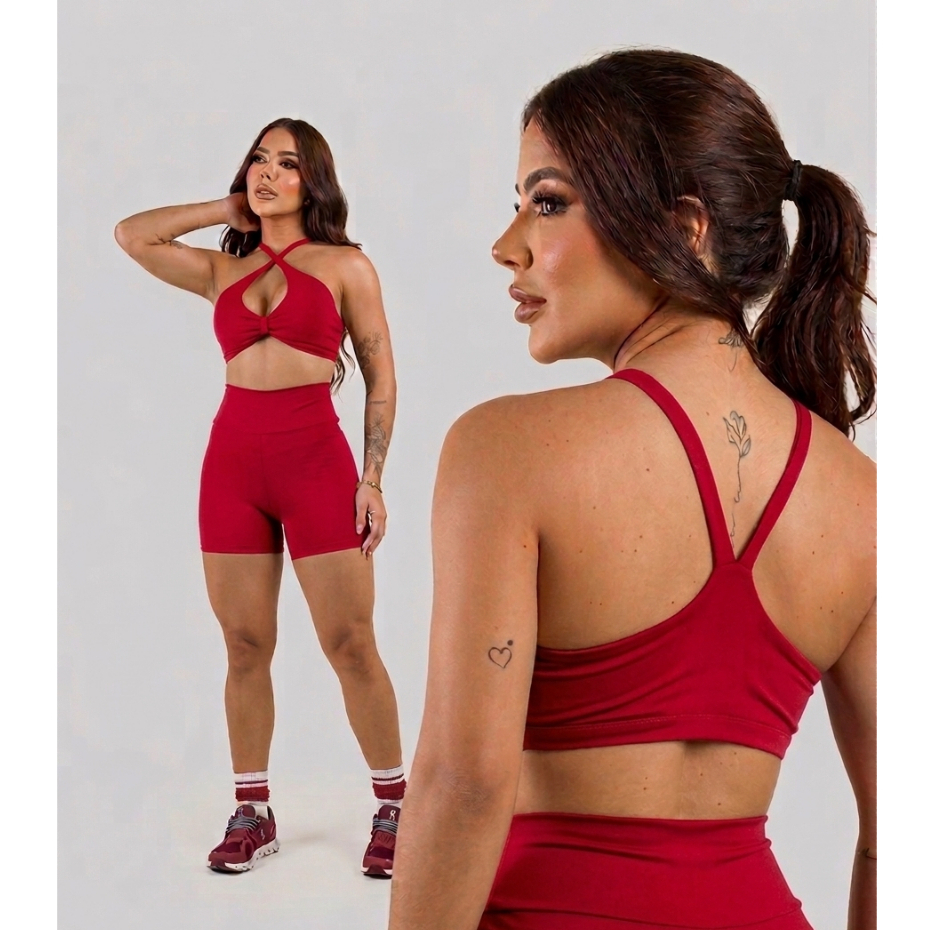 Conjunto de Top + Short de Treino Vermelho Feminino Academia Cintura Alta Caminhada Corrida Crossfit Sem Transparência