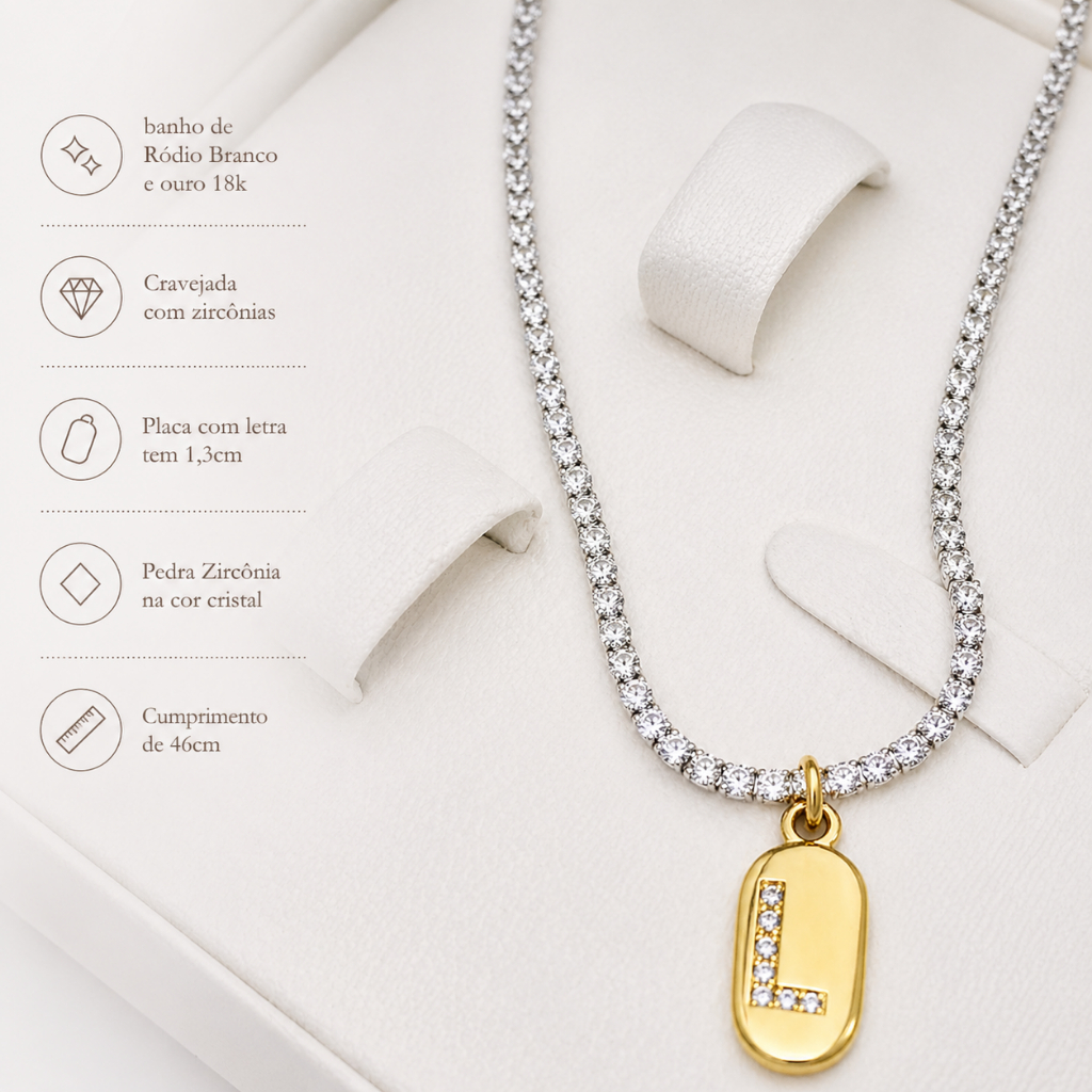 Colar Riviera Pingente Plaquinha Letra Inicial dois Banhos Ouro 18 e Ródio Presente Dia das Mães