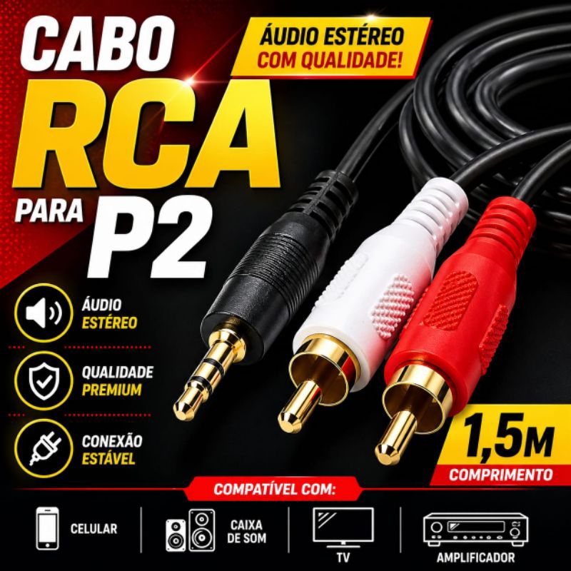 Cabo Auxiliar P2 Macho X Rca Macho Audio 1,5m P/ Som / Tv / Home Theater Audio Video
