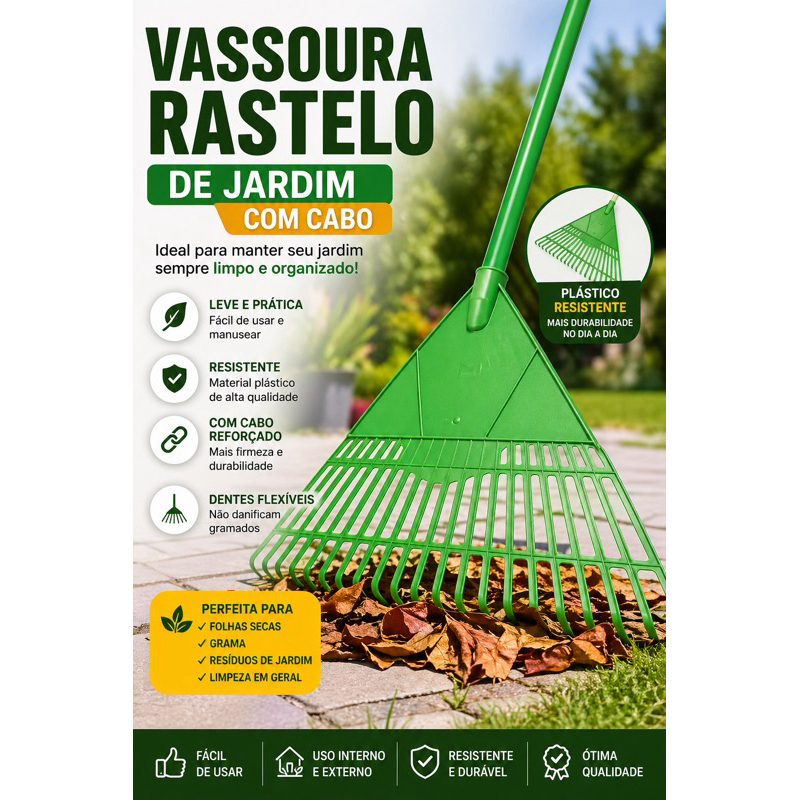 Rastelo Vassoura de Jardim com Cabo Reforçado Plástico Para Folhas Grama Quintal