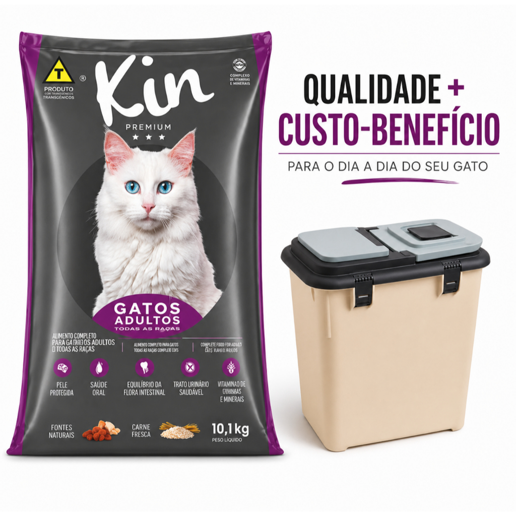 DISPENSER PORTA RAÇÃO 35L - Ração Kin Gatos Adultos 10,1kg - Alimento para gato