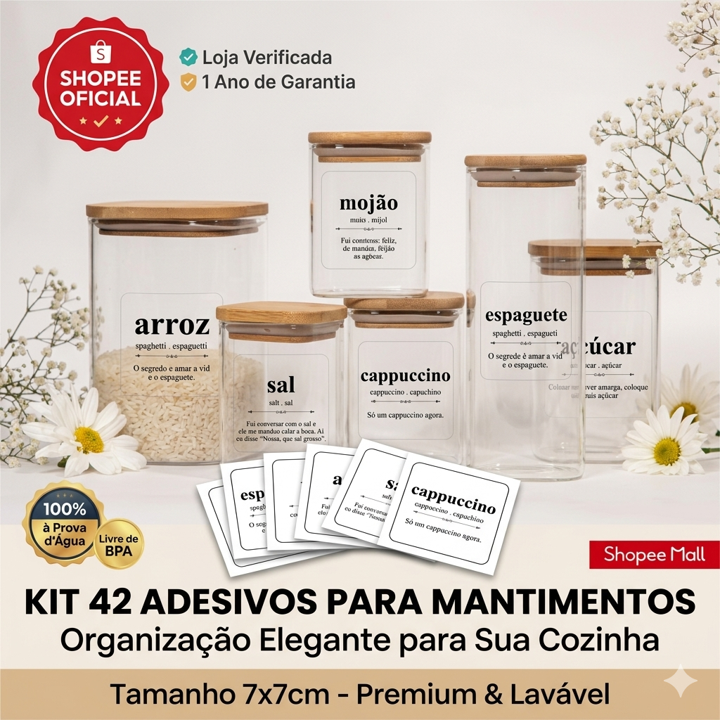 Kit 42 Adesivos Para Mantimentos Potes de Cozinha 7x7cm Modelo Dicionário Divertido Vinil Transparente