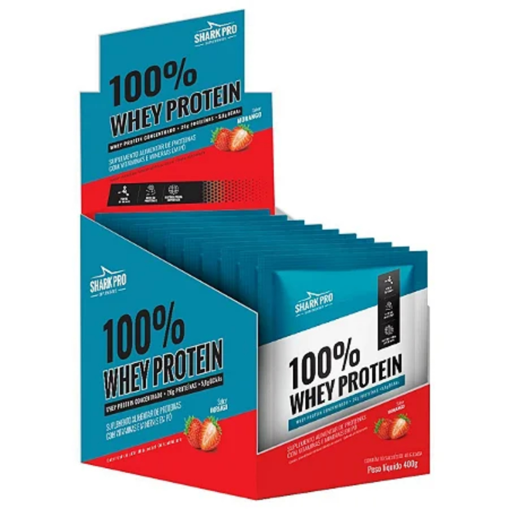 100% Whey Protein Sache Shark Pro 40g C/10 Sachês - Sabor Morango