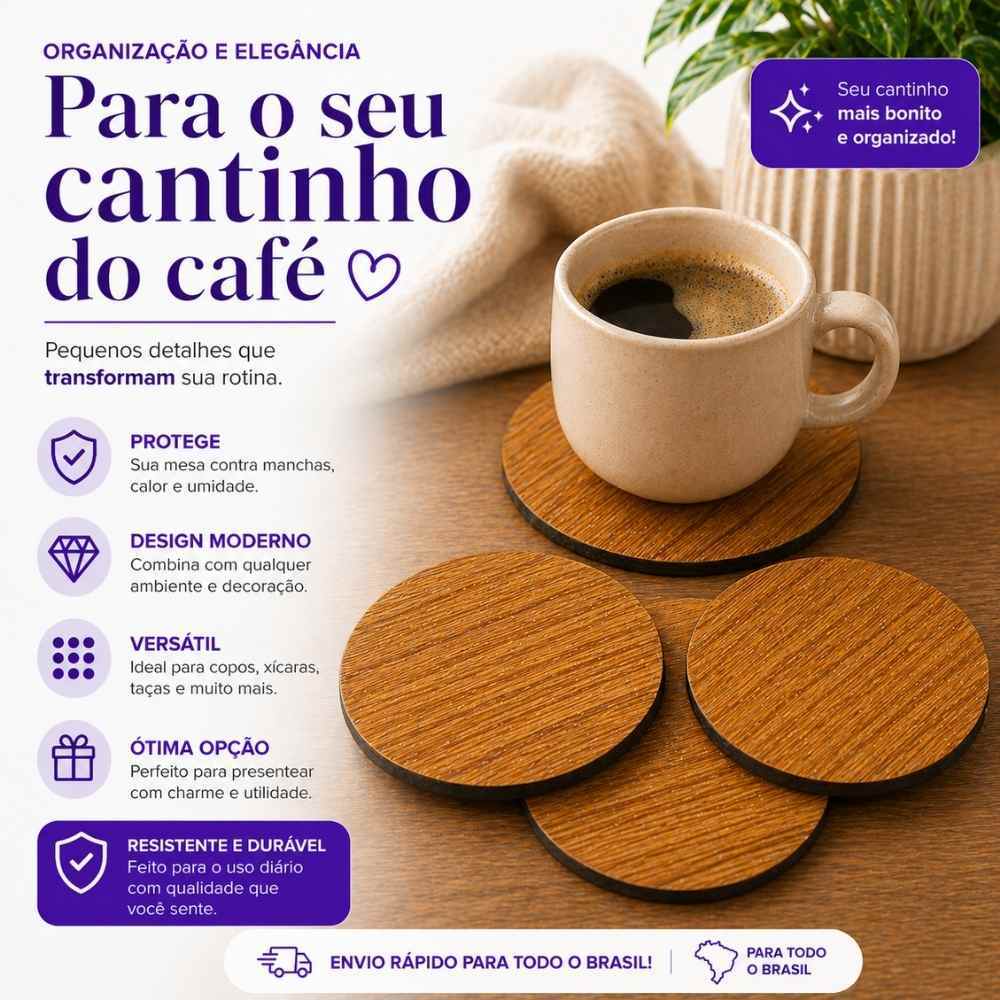 Kit 4 Porta Copo MDF Marrom Bolacha Descanso Copos Mesa Posta Jantar Decoração
