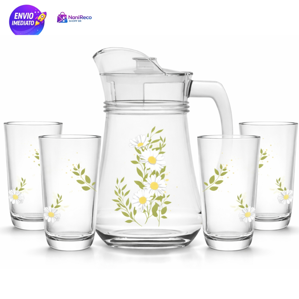 Jarra de Vidro 1,35L com Tampa + 4 Copos Resistentes Elegante e Ideal para Presente