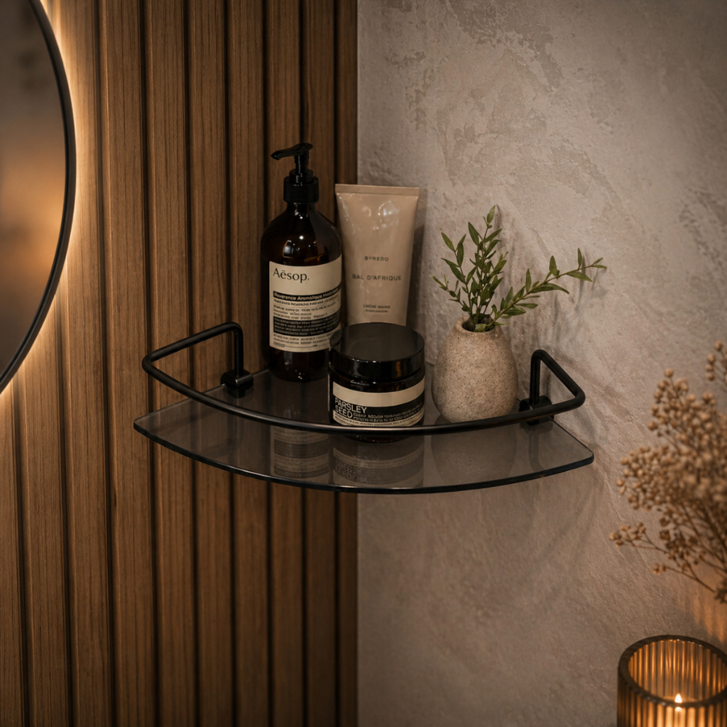 Prateleira Porta Shampoo Suporte De Banheiro Canto Fumê Organizador Box Vidro 6mm