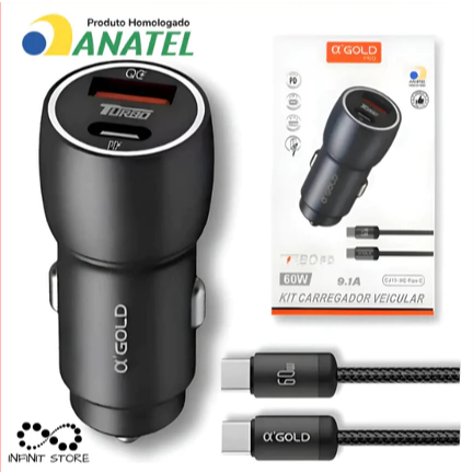 Carregador Veicular Turbo TIPO C + USB 60W Turbo Carregamento rápido/Universal A GOLD Original CARRO