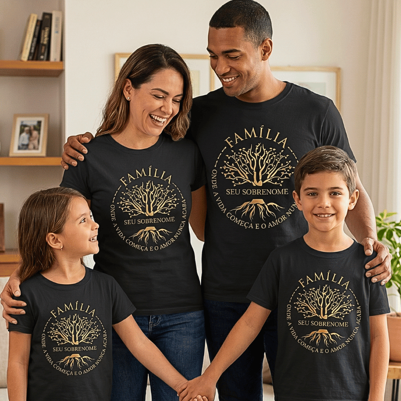 Camiseta Família Personalizada com Sobrenome - Árvore da Vida Look Combinando Adulto Infantil Cristã