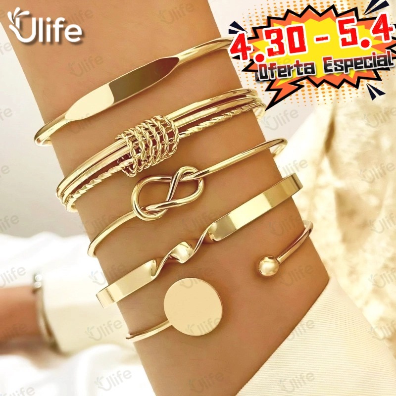 Conjunto De Pulseira De Torção Geométrica 5 Peças Para Mulheres Minimalista Empilhável Presente De Joias Da Sorte-UF
