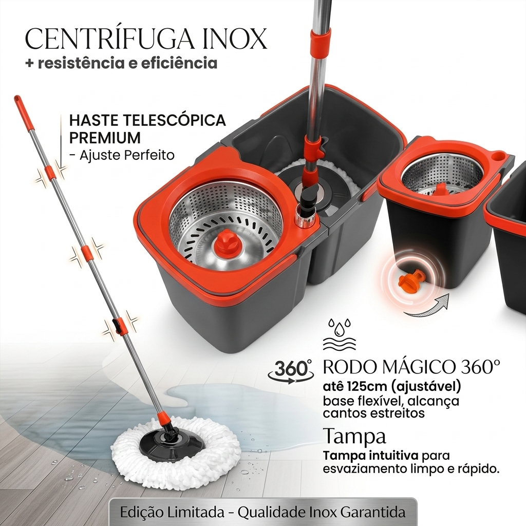 Mop Giratório 360 Graus Powermaid Balde Duplo Centrífuga Aço Inox Fácil Limpeza