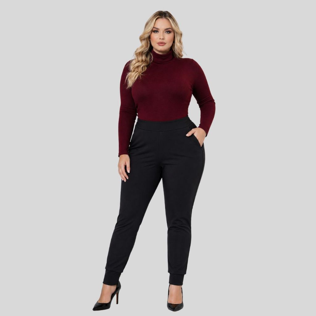Conjunto Feminino Plus Size de Inverno Blusa Cacharrel na Lanzinha e Calça no Crepe. Conjunto Moda Maior Inverno.