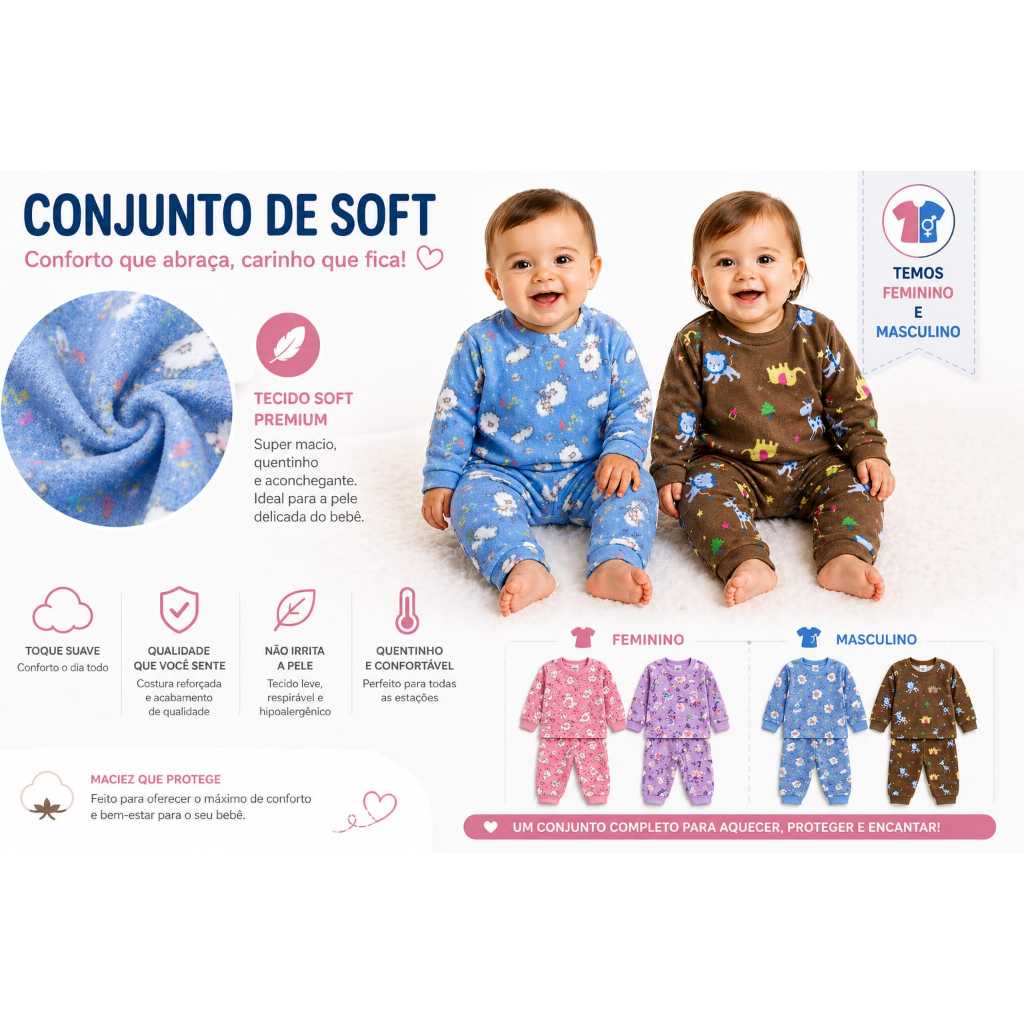 Conjunto pijama soft para bebê fechado