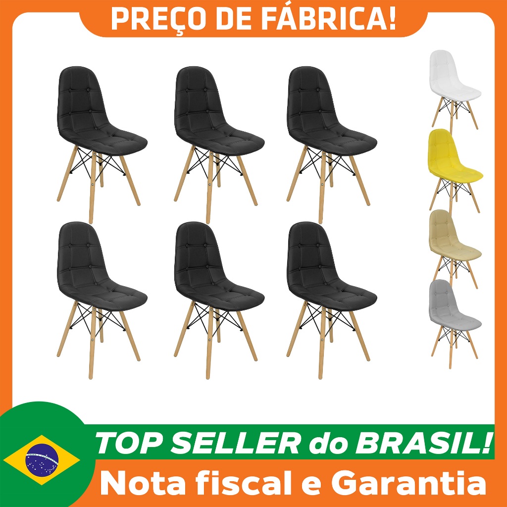 Kit 6 Cadeiras Charles Eames Botonê Eiffel Wood Estofada Couro