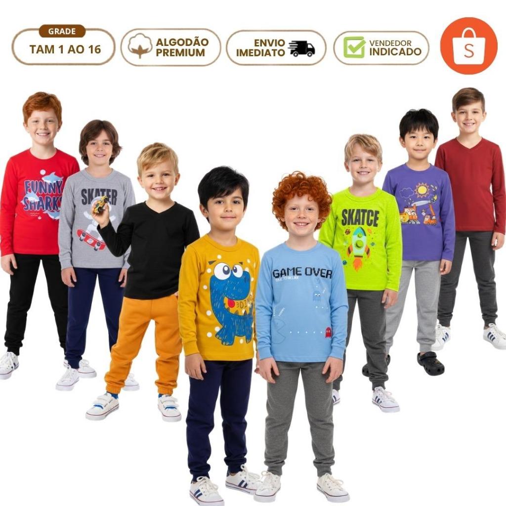 Kit 4 Peças Conjunto Infantil Masculino Inverno 2 Camiseta Manga Longa Menino 2 Calça de Moletom com Punho Lisa 1 ao 16