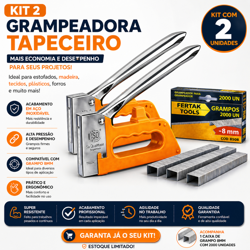 Kit 2 Grampeadora Tapeceiro Manual Profissional 4 6 8mm Grampos Estofador Madeira