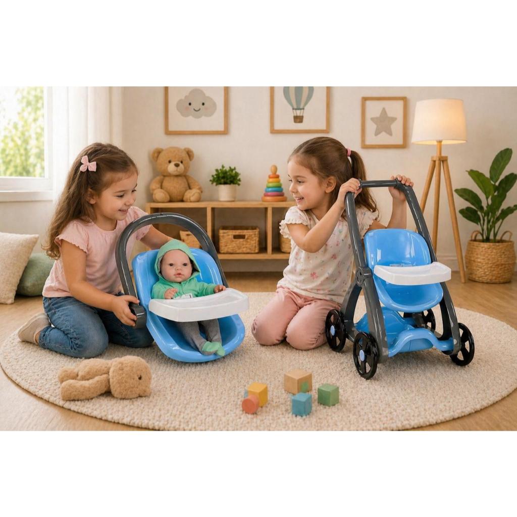 Carrinho De Boneca Passeio  Bebezinho Azul e Bebezinho no Bebê Conforto Passeio