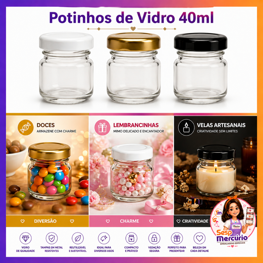Potinhos de Vidro 40ml Mini Vela Lembrancinhas Artesanato Decoração com Tampas Metalicas
