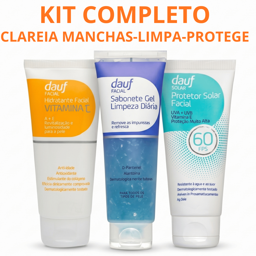 Kit Skincare Dauf Completo Sabonete Gel + Vitamina C + Protetor Solar Facial FPS 60