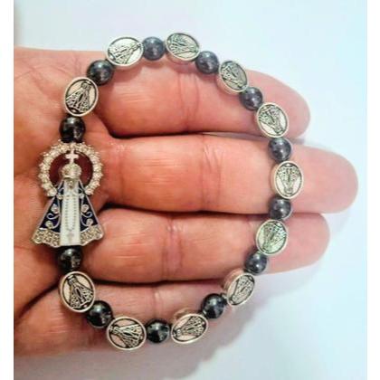 Pulseira Terço Pingentes Nossa Senhora Aparecida Hematita