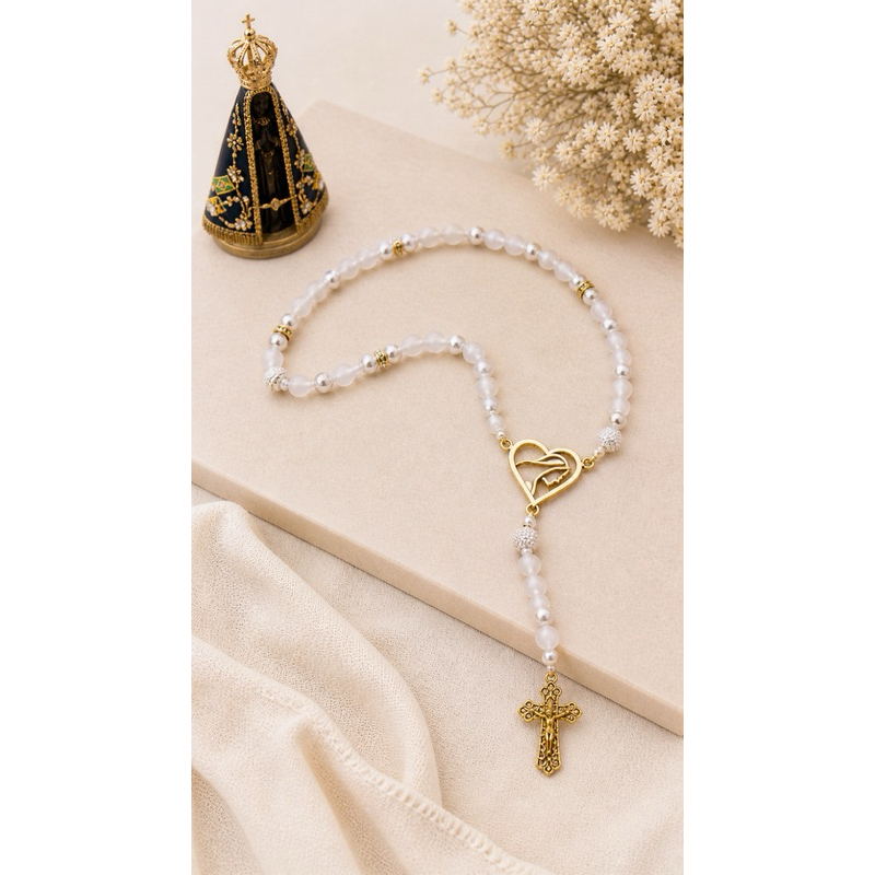 Terço católico, terço pérola nossa senhora aparecida, terço devoção, batizado, noiva