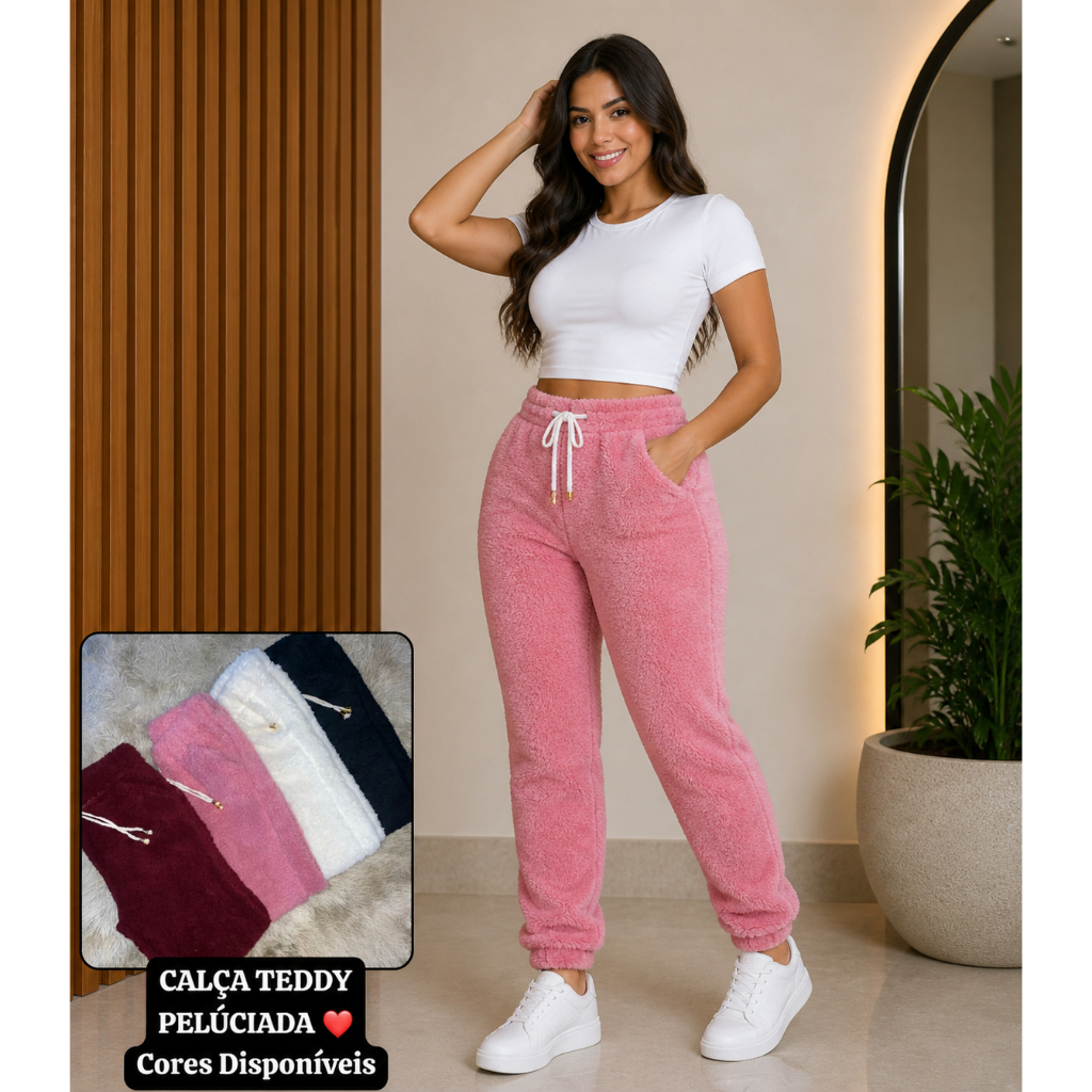 Calça Jogger Teddy Feminina Pelúcia Outono Inverno Moda Feminina