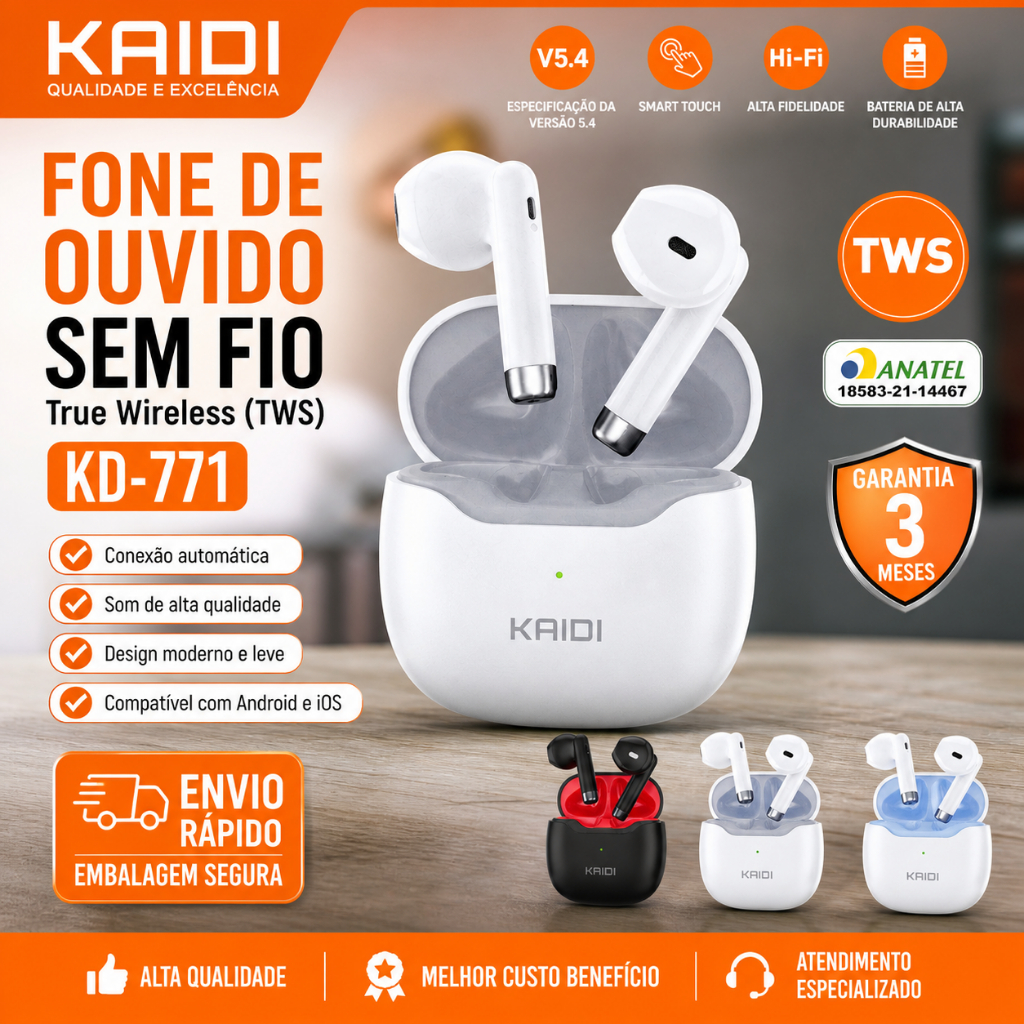 Fone Bluetooth TWS Kaidi KD-771 Sem Fio V5.4 Hi-Fi + Case Carregador