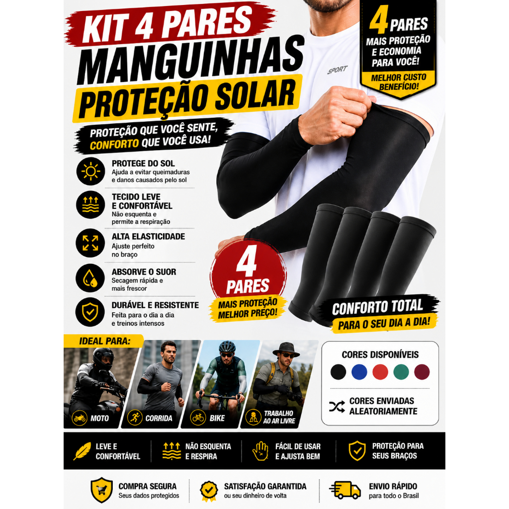 Kit 4 Pares Manguito Proteção Solar Braço Moto Corrida Trabalho Não Esquenta Confortável
