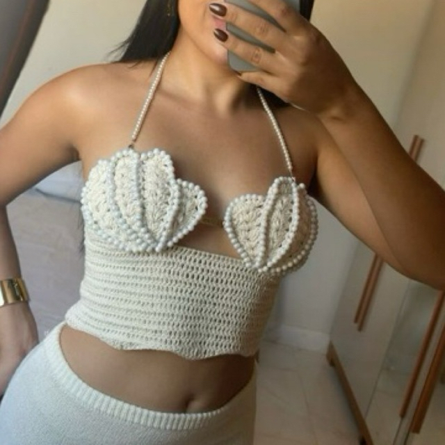 croped de concha com pérolas, costas ajustáveis - cores personalizáveis
