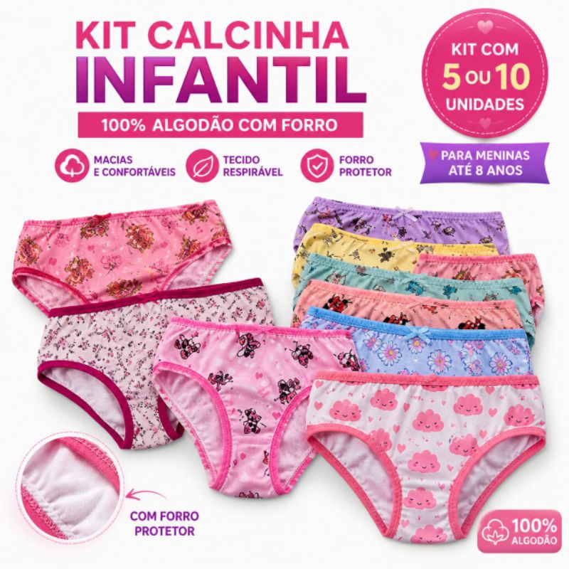 Kit Calcinha Infantil 100% Algodão com Forro Menina Confortável Antialérgica 5 ou 10 Peças
