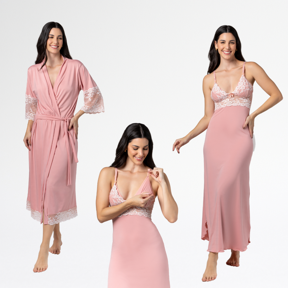 Kit Robe Longo Bicolor com Camisola longa Bicolor Amamentação Confortável Elegante