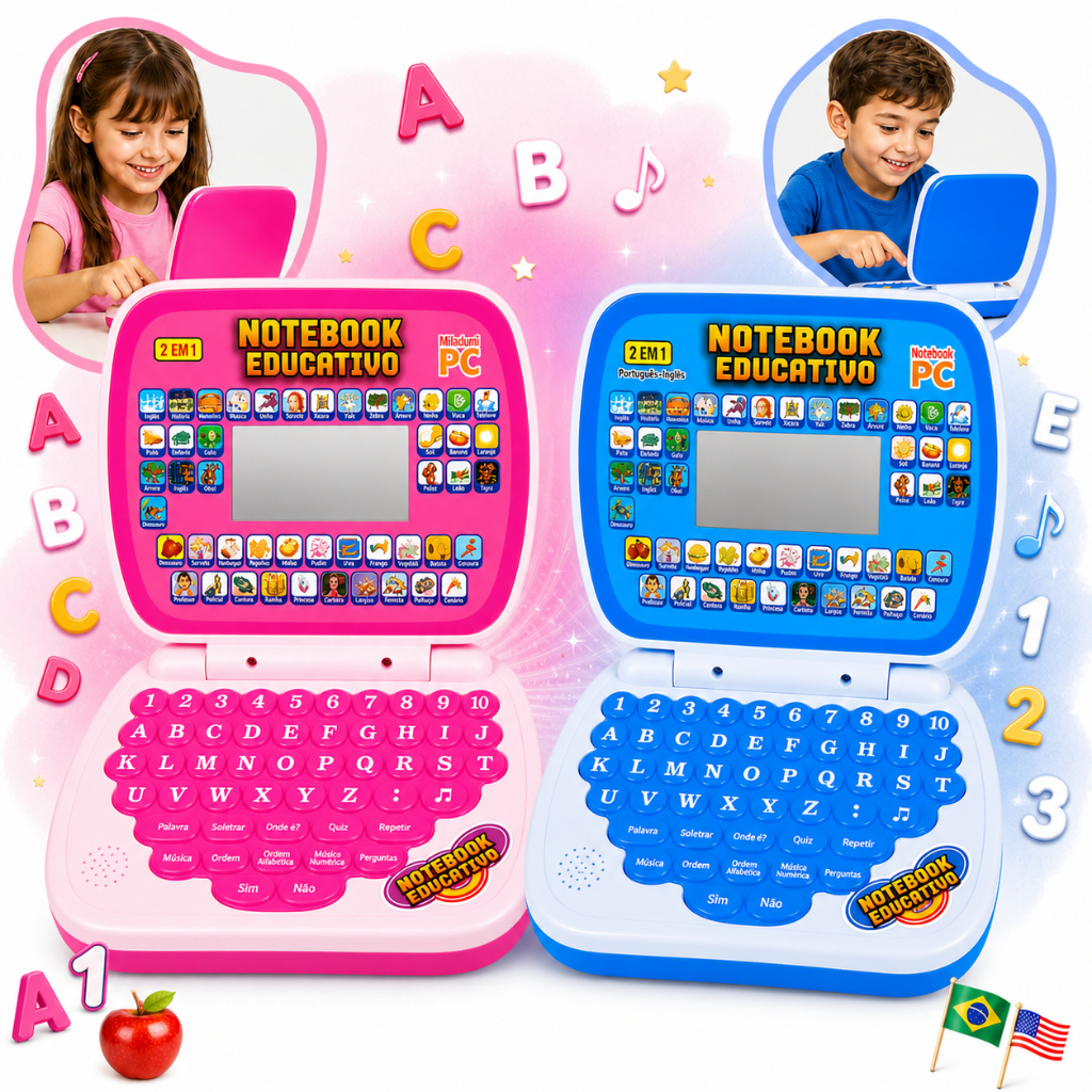 Laptop Notebook Infantil Educativo Menino Menina Estudo Bilingue Inglês Português Notebook Kizumba