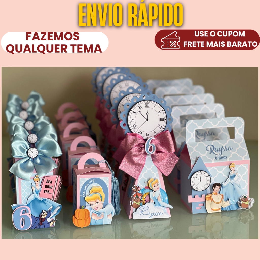 Lembrancinha Personalizado Kit Clássico Cinderela |MONTADO, C/ LAÇO  E COM TAG 3D/ Caixinhas