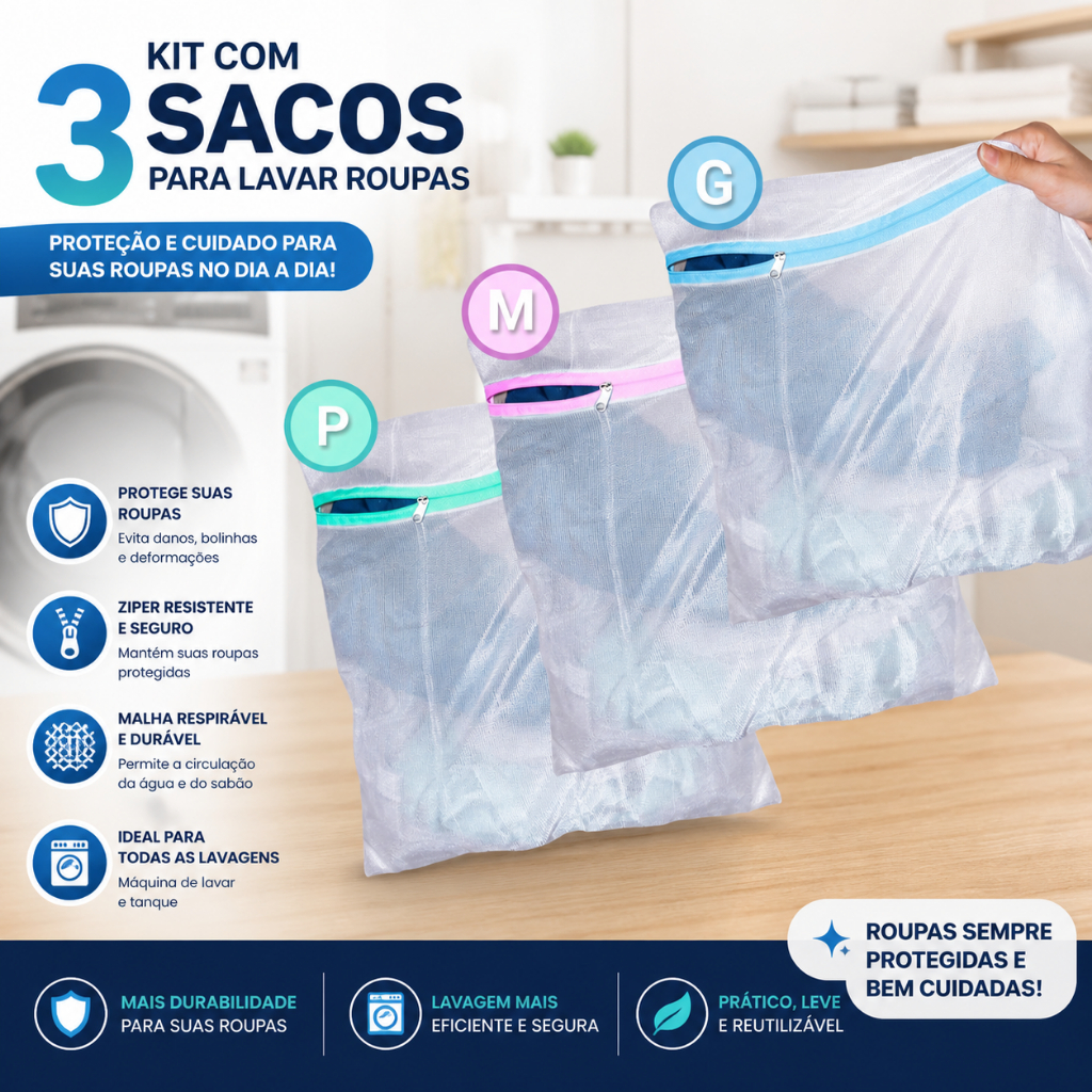 Kit 3 Sacos para Lavar Roupas Delicadas com Zíper Proteção Máquina Anti Bolinha