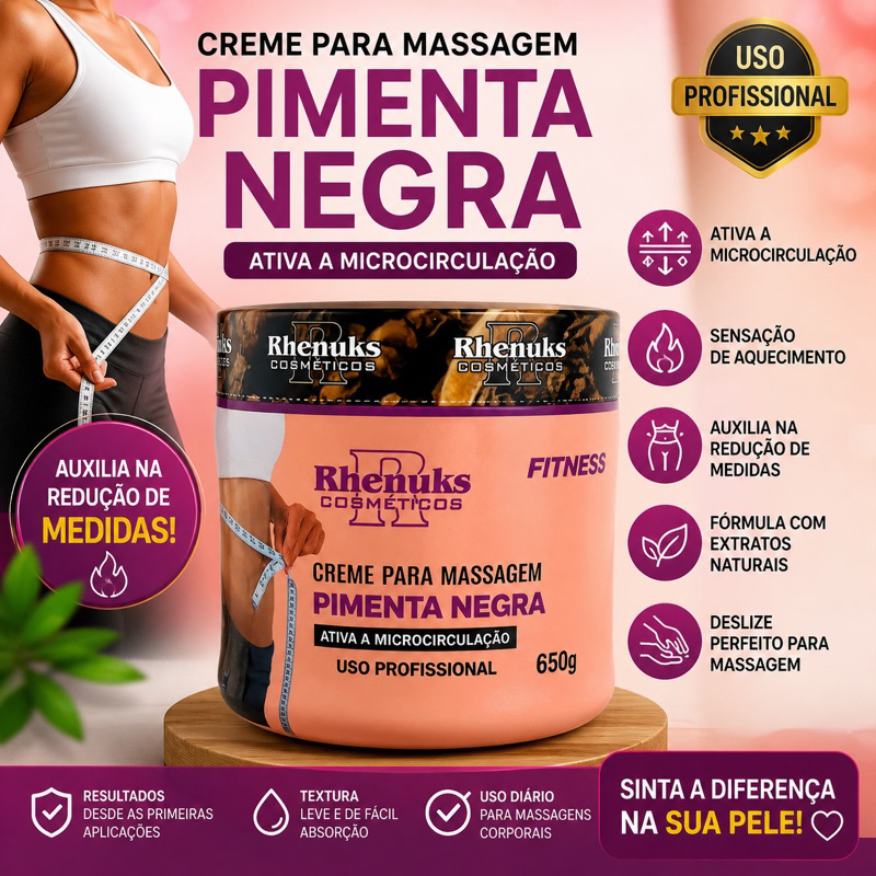 Creme De Massagem Pimenta Negra Rhenuks 200g - Redutor De Medidas E Termogênico Profissional