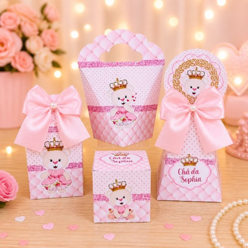 PEGUE E MONTE- Kit Caixas Ursinha Princesa Rosa  - Personalizados - Lembrancinha - Festa- Aniversário- Decoração
