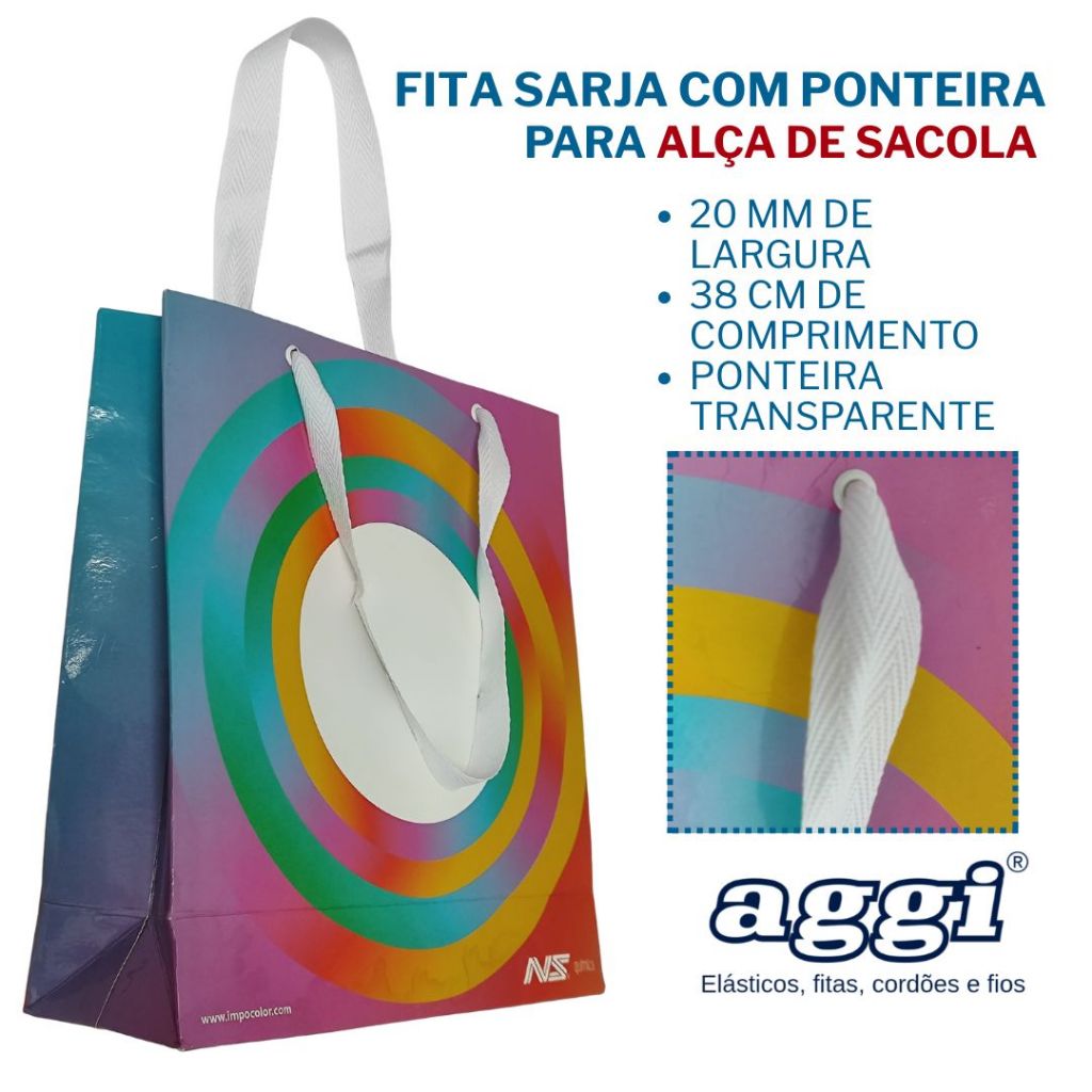 Alça de Gorgurão para Sacolas de Papel Sarjada Escama com Ponteira Preto Branco Cor AGGI - 20mm 38cm