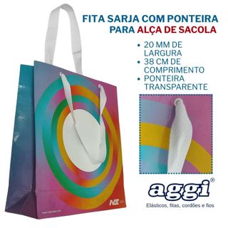 Alça de Gorgurão para Sacolas de Papel Sarjada Escama com Ponteira Preto Branco Cor AGGI - 20mm 38cm